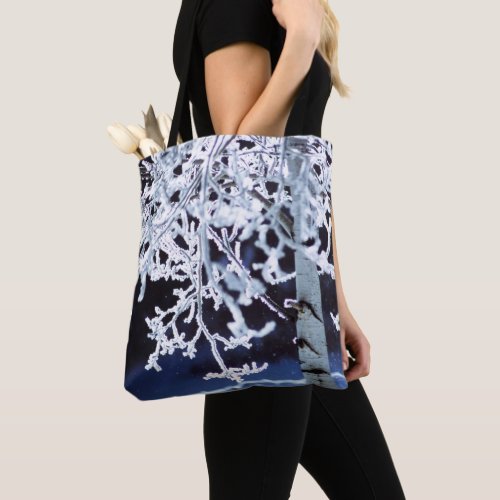 Birch tree frosty branches snowflake purse tote bag