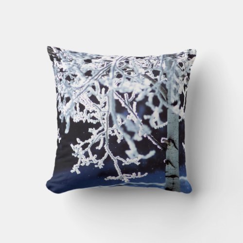 Birch tree frosty branches snowflake throw pillow