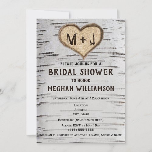 Birch tree heart initials bridal shower invitation