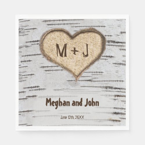 Birch tree heart initials outdoor rustic wedding napkins