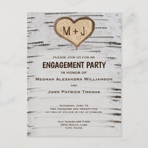 Birch tree heart initials rustic engagement party postcard