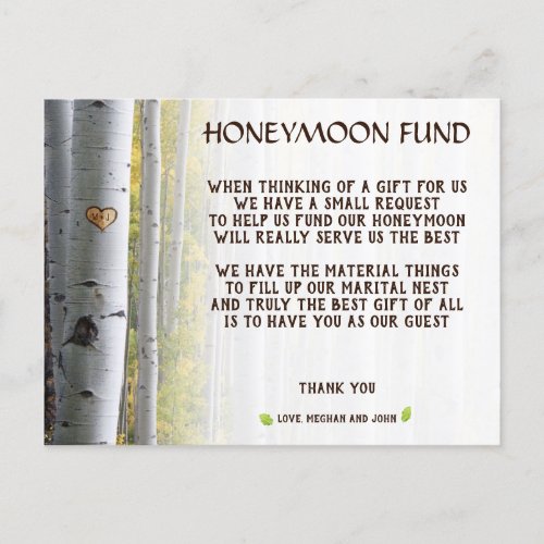 Birch tree heart initials rustic honeymoon fund invitation postcard