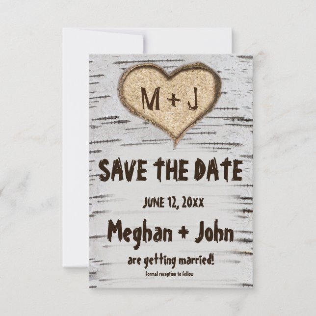 Birch tree heart initials rustic save the date invitation (Front)