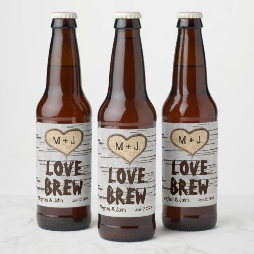 Birch tree heart initials rustic wedding beer bottle label