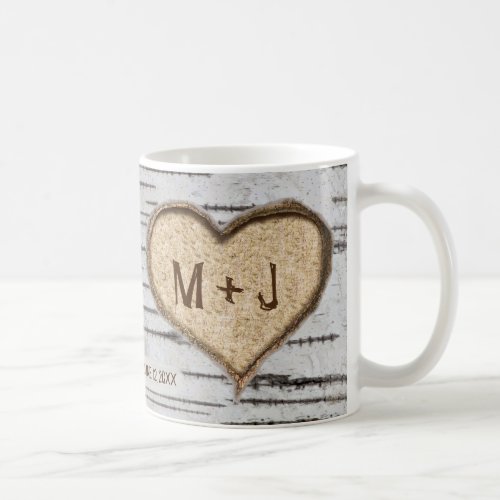 Birch tree heart initials rustic wedding coffee mug