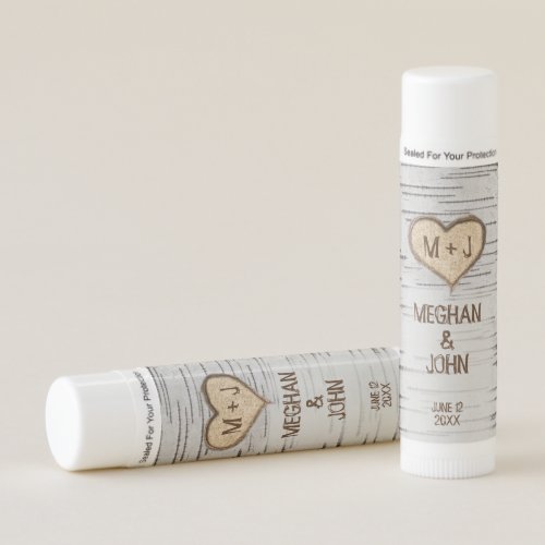 Birch tree heart initials rustic wedding favor lip balm