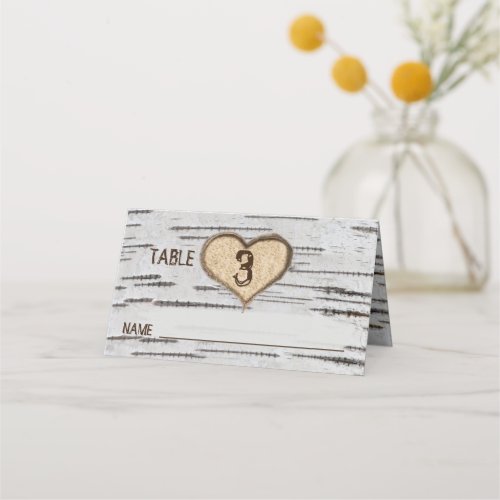 Birch tree heart initials rustic wedding place card