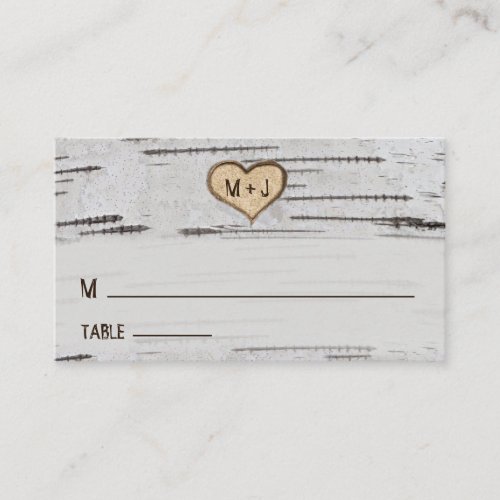 Birch tree heart initials rustic wedding place card