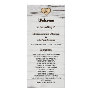 Birch tree heart initials rustic wedding program