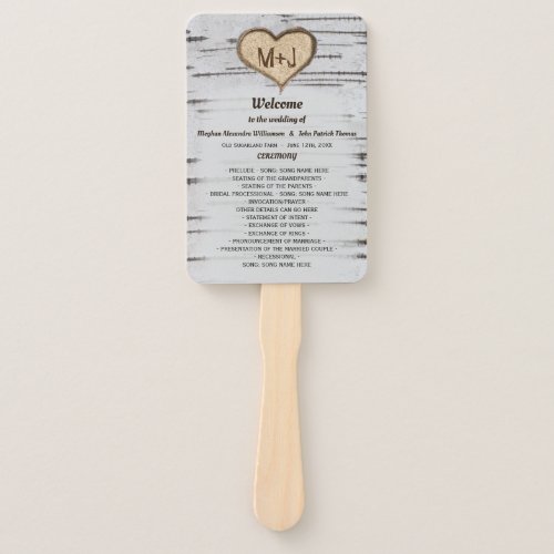 Birch tree heart initials rustic wedding program hand fan