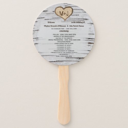 Birch tree heart initials rustic wedding program hand fan