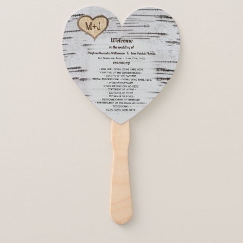 Birch tree heart initials rustic wedding program hand fan