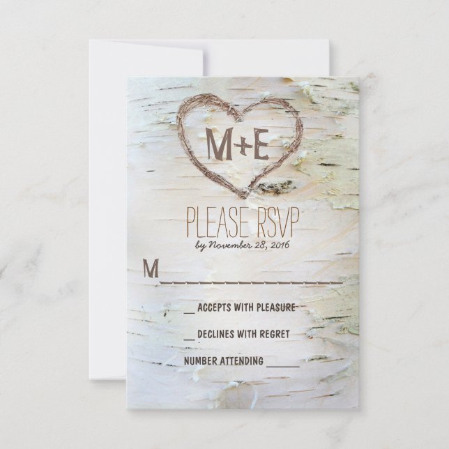 Birch tree heart initials rustic wedding RSVP card (Front)