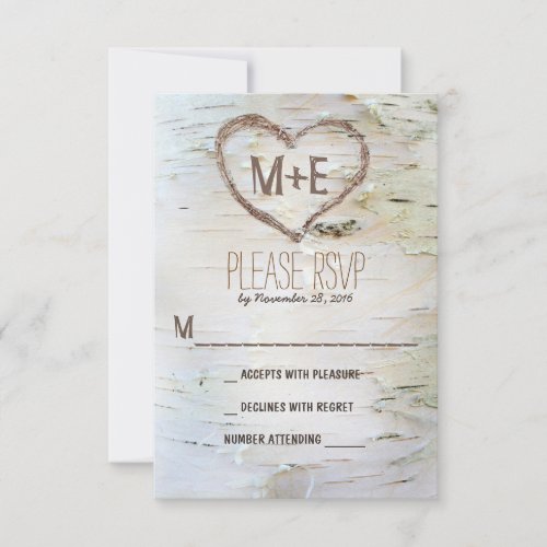 Birch tree heart initials rustic wedding RSVP card