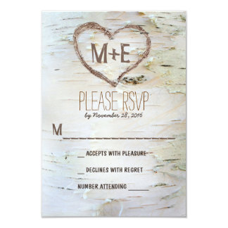 Birch tree heart initials rustic wedding RSVP card