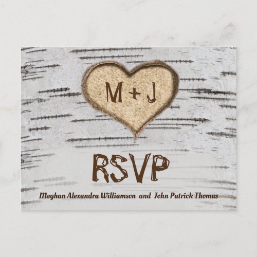 Birch tree heart initials rustic wedding RSVP Postcard