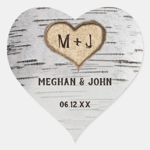 Birch tree heart initials rustic wedding sticker