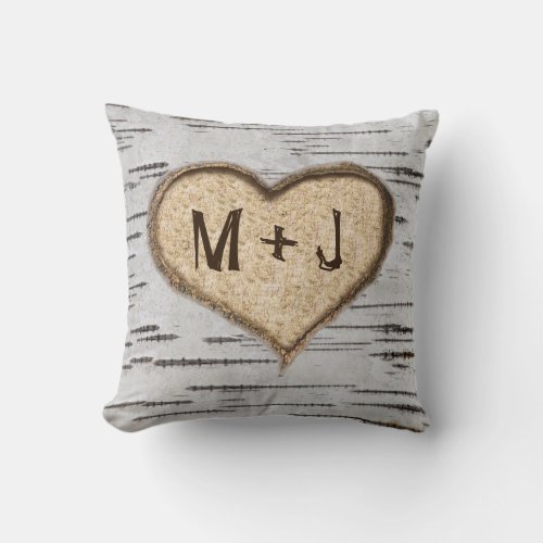 Birch tree heart initials rustic wedding throw pillow