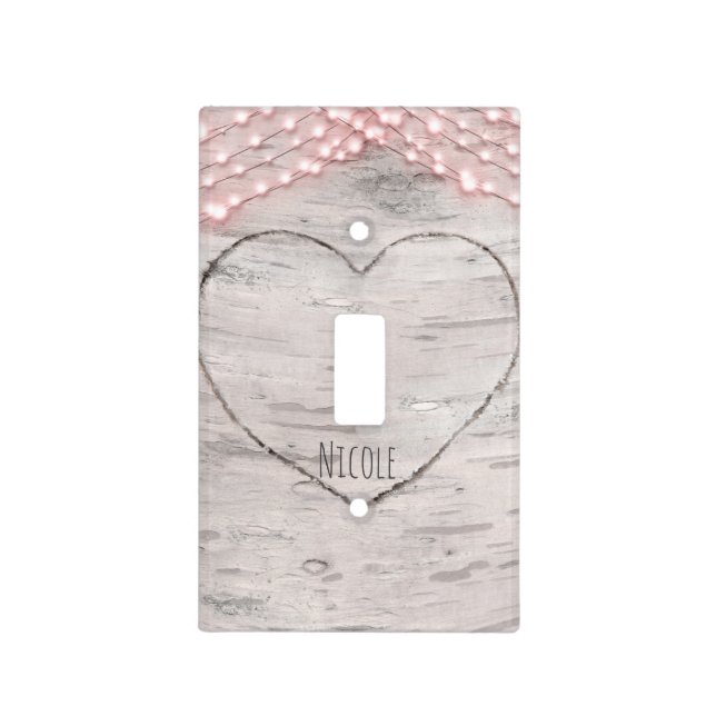 Birch Tree Heart & Pink String Lights Rustic Glam Light Switch Cover (Front)