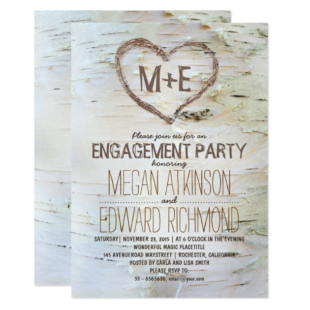 Birch Tree Heart Rustic Engagement Party Invites