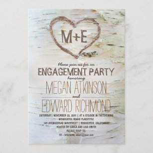 Birch tree heart rustic engagement party invites