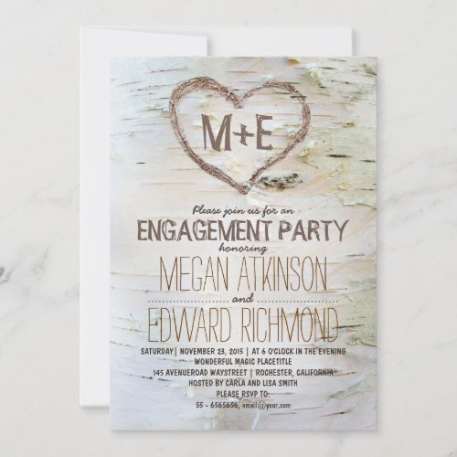 Birch tree heart rustic engagement party invites