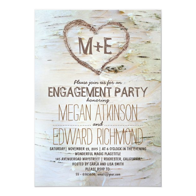 Birch Tree Heart Rustic Engagement Party Invites