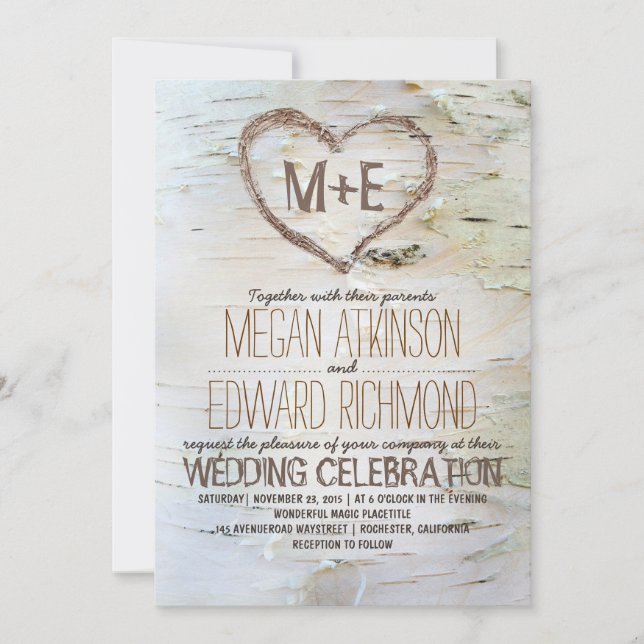 Birch Tree Heart Rustic Fall Wedding Invitation (Front)