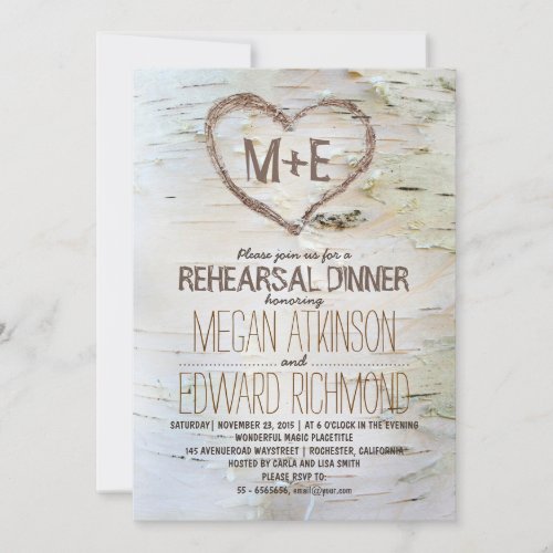 Birch tree heart rustic rehearsal dinner invites