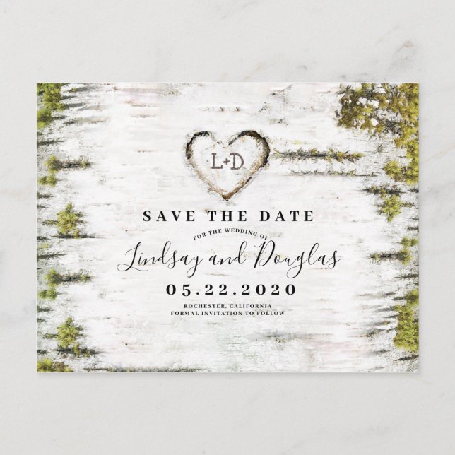 Birch Tree Heart Rustic Save the Date Announcement Postcard (Front)