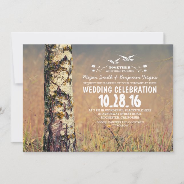 birch tree & heart rustic wedding invites (Front)