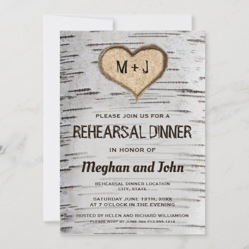 Birch tree heart rustic wedding rehearsal invite