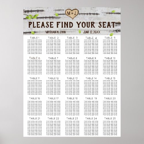 Birch tree heart rustic wedding seating chart