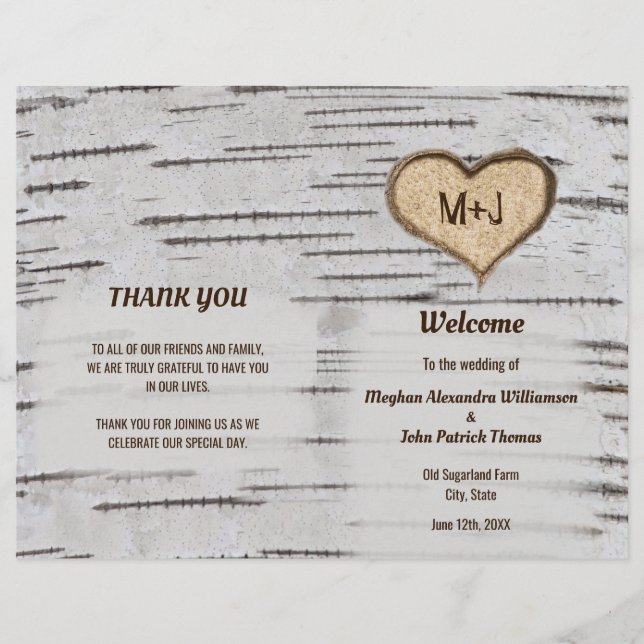 Birch tree heart wedding program 80 lb paper (Front)