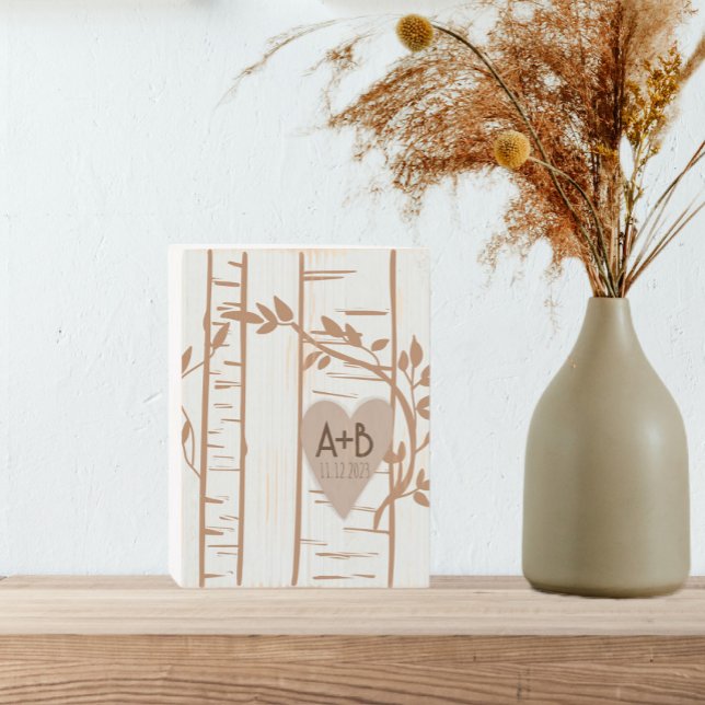 Birch Tree Monogram Couples Wedding Date Wooden Box Sign (Creator Uploaded)