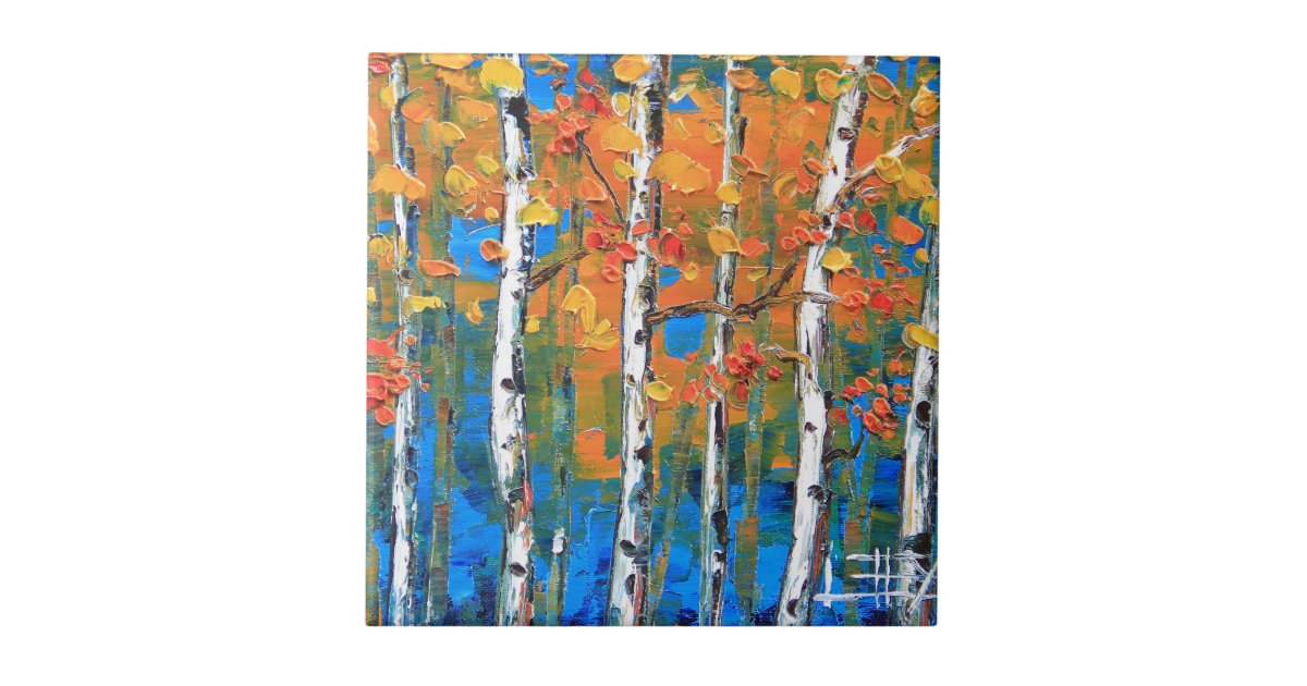 Birch Tree Painting Blue Birch Fall Textured Art Ceramic Tile