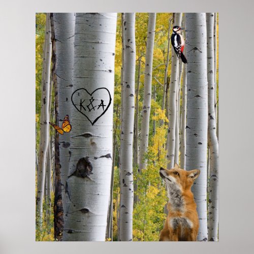 Birch Tree Rustic Personalized Carved with Fox Poster