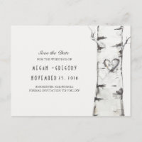 birch tree rustic wood heart save the date announcement postcard