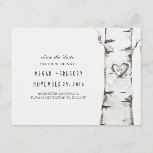 birch tree rustic wood heart save the date announcement postcard