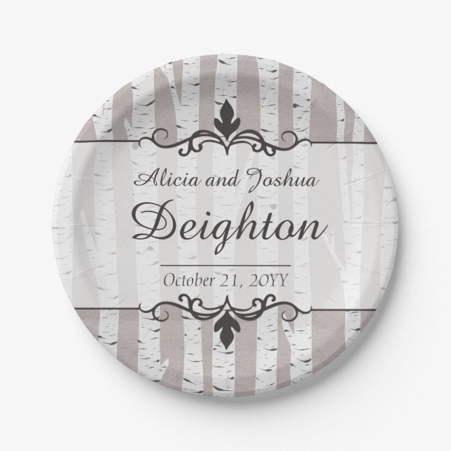 Birch Tree Rustic Wood Nature Wedding Personalized Paper Plates (Front)