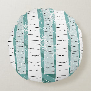 Birch tree snowflake winter woodland striped teal round pillow