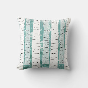 Birch tree snowflake winter woodland striped teal throw pillow
