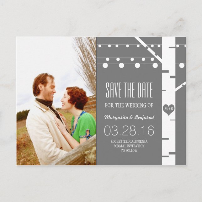 birch tree string lights photo save the date announcement postcard (Front)