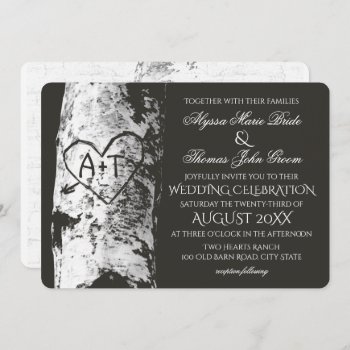Birch Tree Wedding With Carved Heart Inititials Invitation by happygotimes at Zazzle