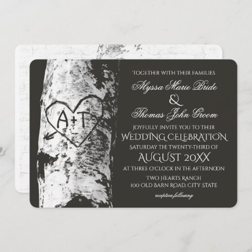 Birch Tree Wedding with Carved Heart Inititials Invitation