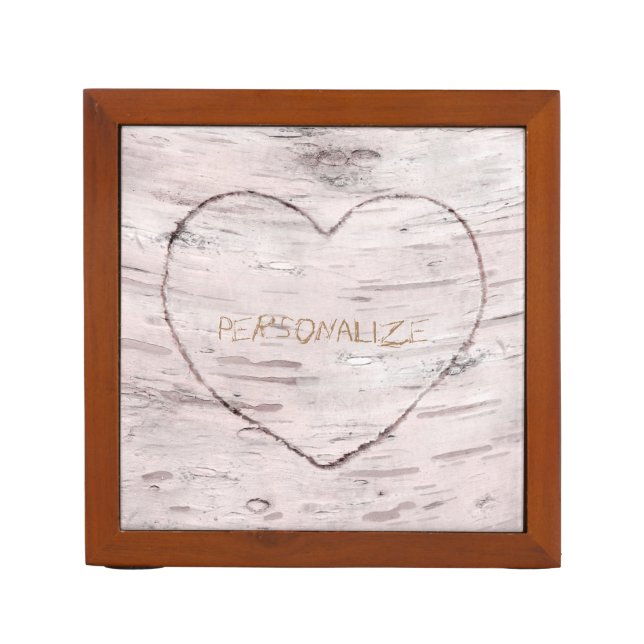 Birch Tree Wood & Carved Heart Rustic Pencil/Pen Holder (Front)