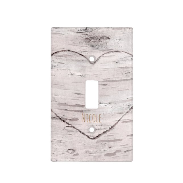 Birch Tree Wood & Heart Rustic Country Light Switch Cover (Front)