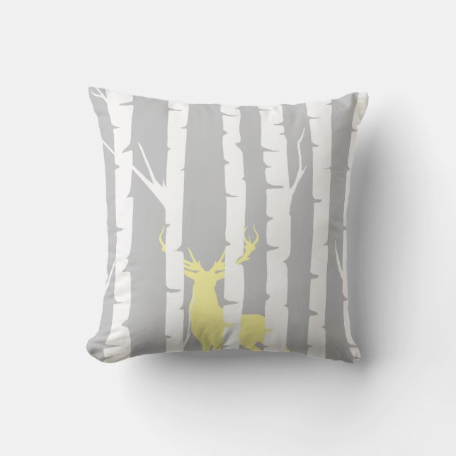 Birch Trees and Yellow Deer Throw Pillow (Front)