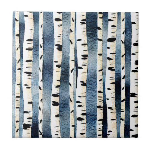 Birch trees blue white black seamless pattern chic ceramic tile