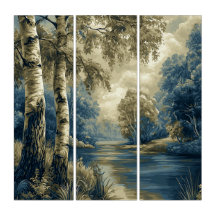 Birch Trees by the Riverside, Stylized Landscape